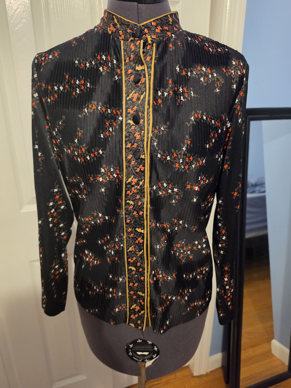Vintage Black Floral-Print Women's Top with Mustard Trim